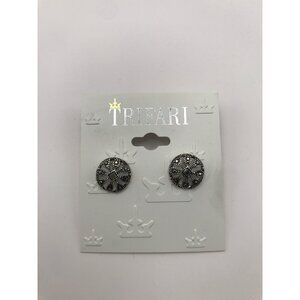 Crown Trifari Pierced Round Marcasite Stud Silver Tone Earrings
